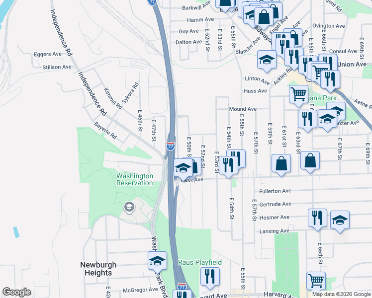 map of restaurants, bars, coffee shops, grocery stores, and more near 3663 East 50th Street in Cleveland