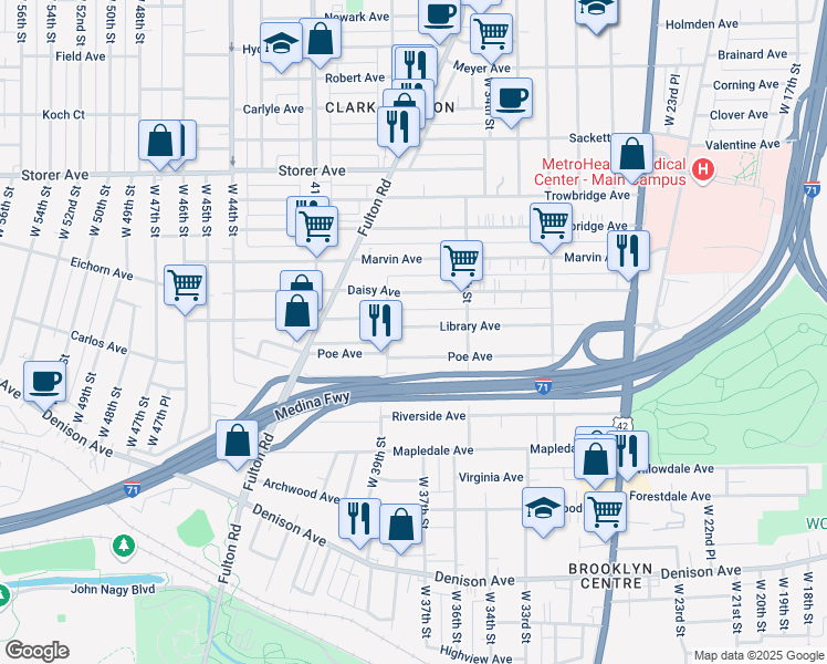 map of restaurants, bars, coffee shops, grocery stores, and more near 3713 Daisy Avenue in Cleveland
