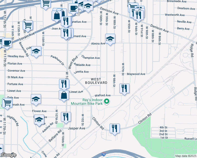 map of restaurants, bars, coffee shops, grocery stores, and more near 3483 West 100th Street in Cleveland