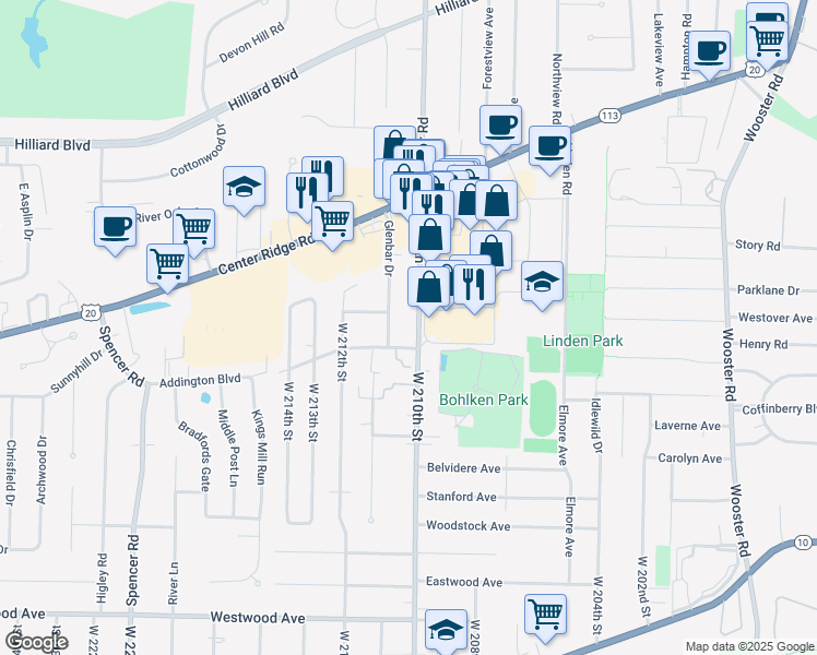 map of restaurants, bars, coffee shops, grocery stores, and more near 3525 Glenbar Drive in Fairview Park