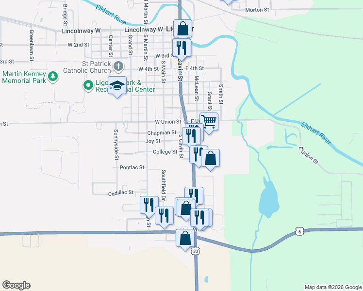 map of restaurants, bars, coffee shops, grocery stores, and more near 902 Lincoln Way South in Ligonier