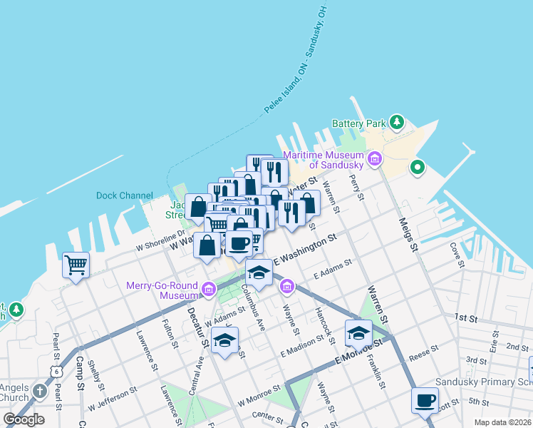 map of restaurants, bars, coffee shops, grocery stores, and more near 220 E Water St in Sandusky