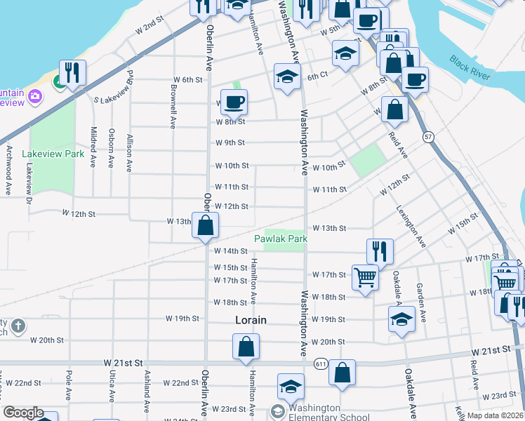 map of restaurants, bars, coffee shops, grocery stores, and more near 1055 West 12th Street in Lorain