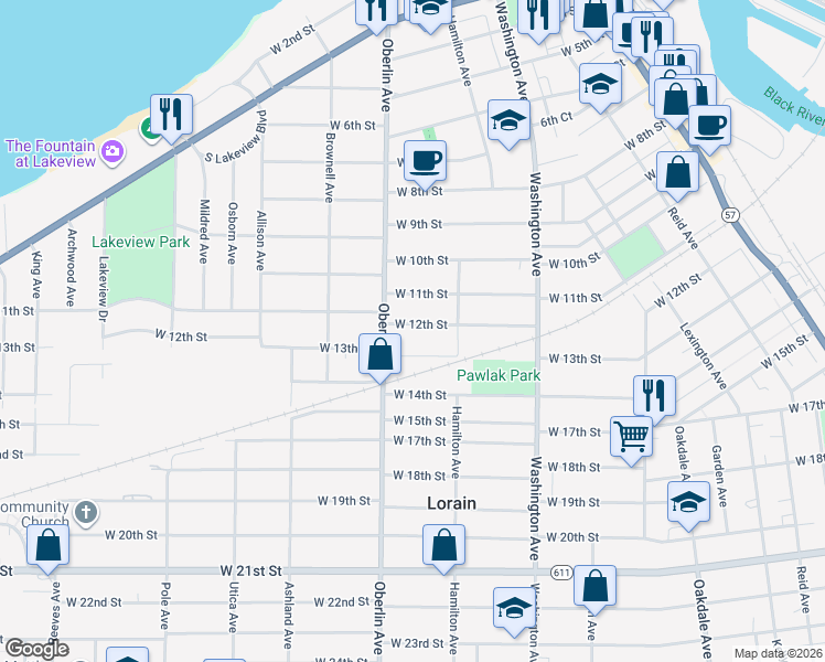 map of restaurants, bars, coffee shops, grocery stores, and more near 1129 West 11th Street in Lorain