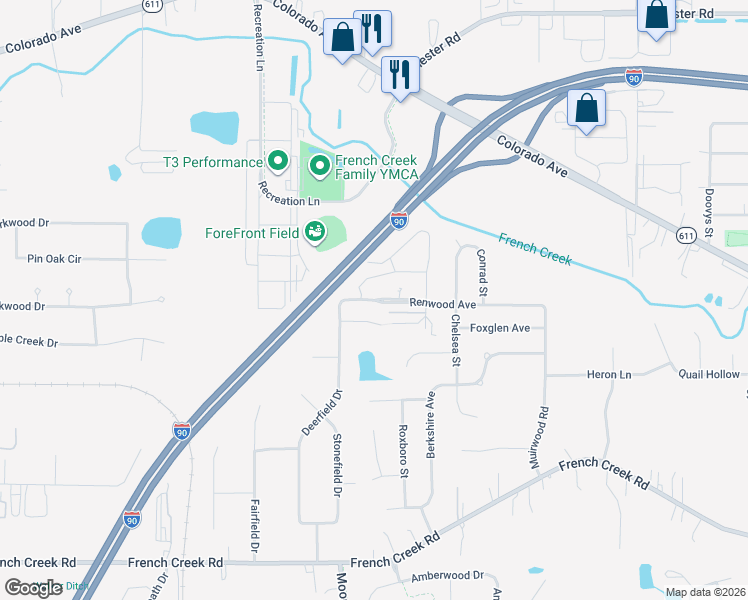map of restaurants, bars, coffee shops, grocery stores, and more near 38819 Renwood Avenue in Avon