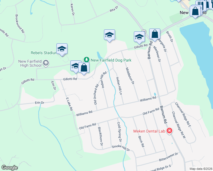 map of restaurants, bars, coffee shops, grocery stores, and more near 22 Indian Hill Road in New Fairfield