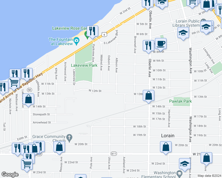 map of restaurants, bars, coffee shops, grocery stores, and more near 1414 West 12th Street in Lorain