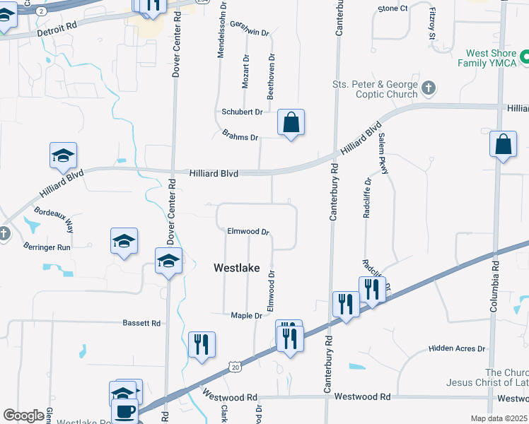 map of restaurants, bars, coffee shops, grocery stores, and more near 26820 Sleepy Hollow Drive in Westlake