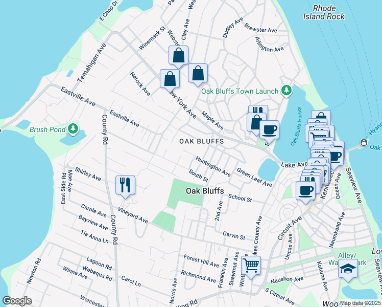 map of restaurants, bars, coffee shops, grocery stores, and more near 66 Simpson Avenue in Oak Bluffs