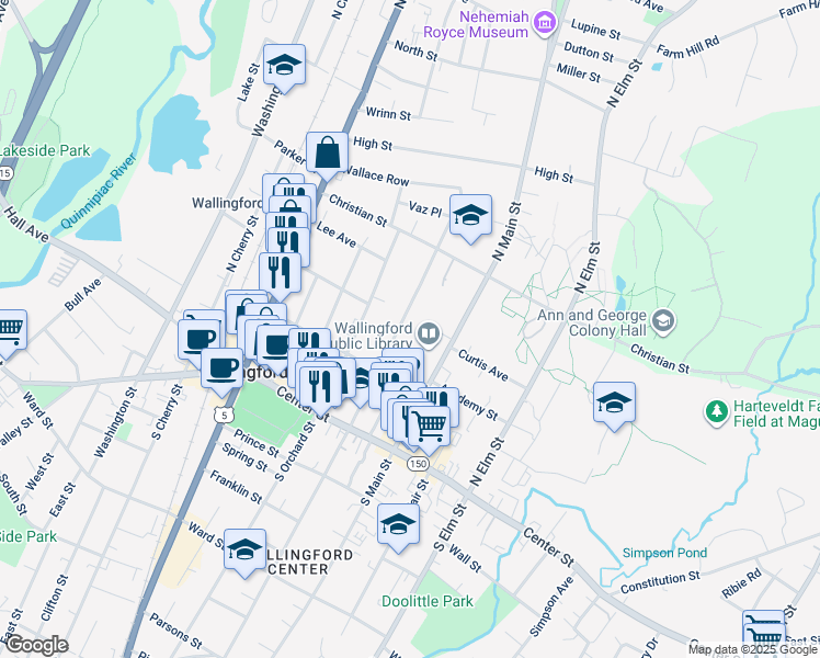 map of restaurants, bars, coffee shops, grocery stores, and more near 119 North Whittlesey Avenue in Wallingford