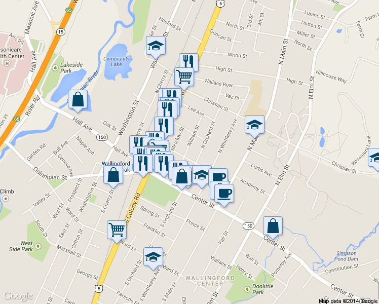 map of restaurants, bars, coffee shops, grocery stores, and more near 73 William Street in Wallingford