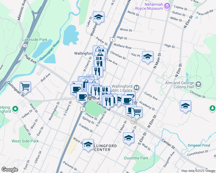 map of restaurants, bars, coffee shops, grocery stores, and more near 73 William Street in Wallingford