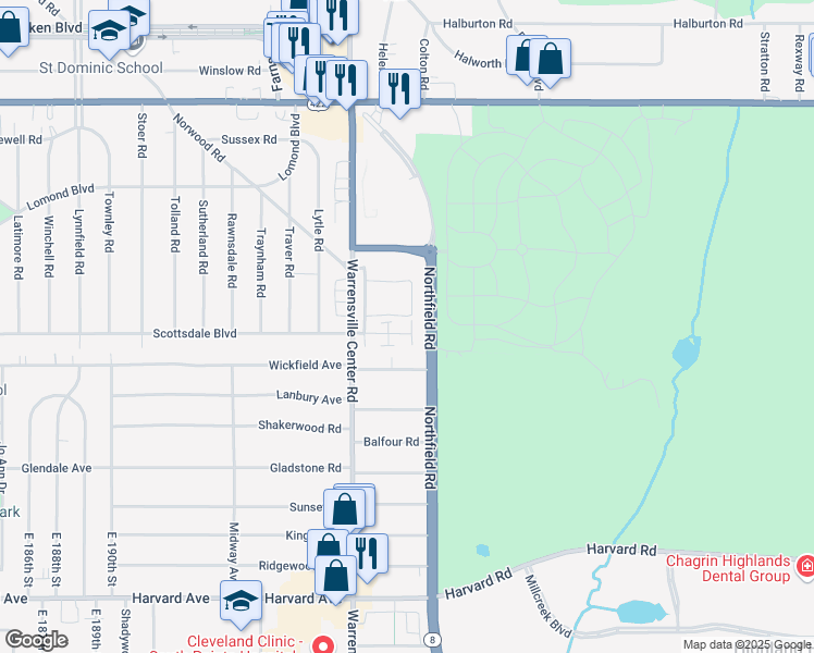 map of restaurants, bars, coffee shops, grocery stores, and more near 3715 Warrensville Center Road in Shaker Heights