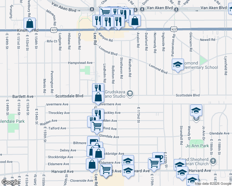 map of restaurants, bars, coffee shops, grocery stores, and more near 3715 Rolliston Road in Shaker Heights