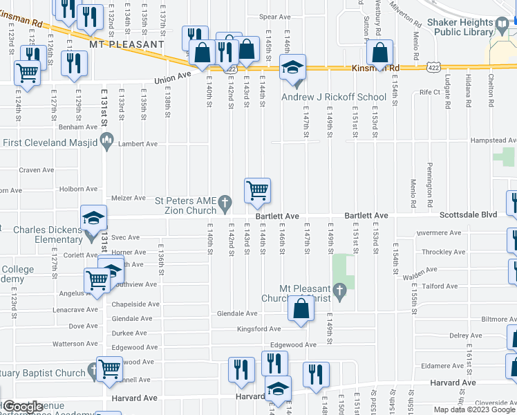map of restaurants, bars, coffee shops, grocery stores, and more near 3711 East 143rd Street in Cleveland