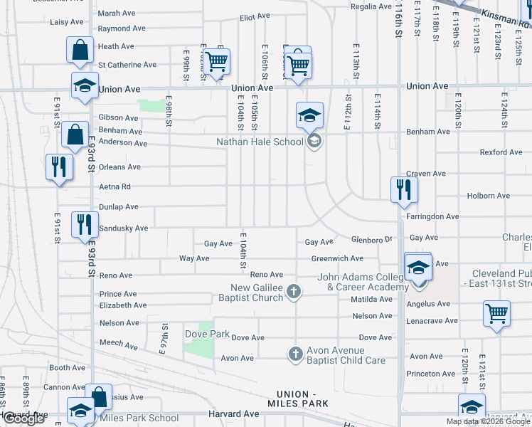 map of restaurants, bars, coffee shops, grocery stores, and more near 3681 East 106th Street in Cleveland