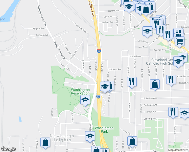 map of restaurants, bars, coffee shops, grocery stores, and more near 3651 East 47th Street in Cleveland