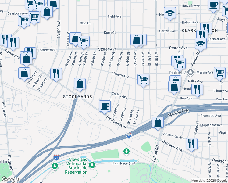 map of restaurants, bars, coffee shops, grocery stores, and more near 3534 West 50th Street in Cleveland