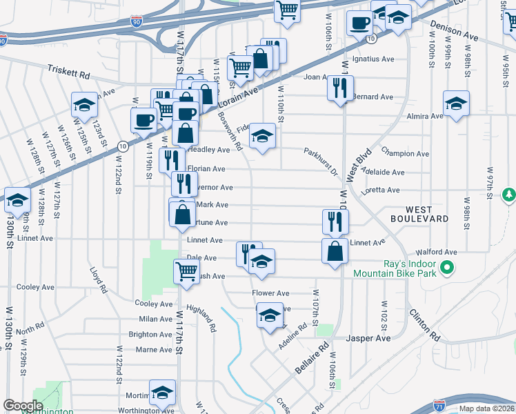 map of restaurants, bars, coffee shops, grocery stores, and more near 11025 Governor Avenue in Cleveland