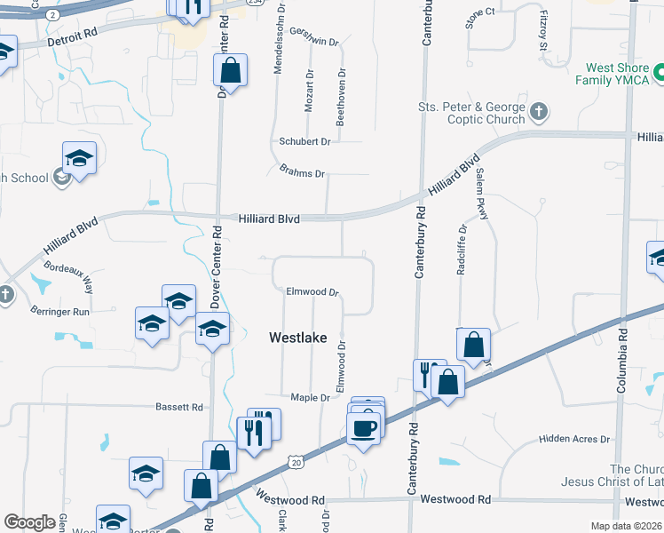 map of restaurants, bars, coffee shops, grocery stores, and more near 26820 Sleepy Hollow Drive in Westlake