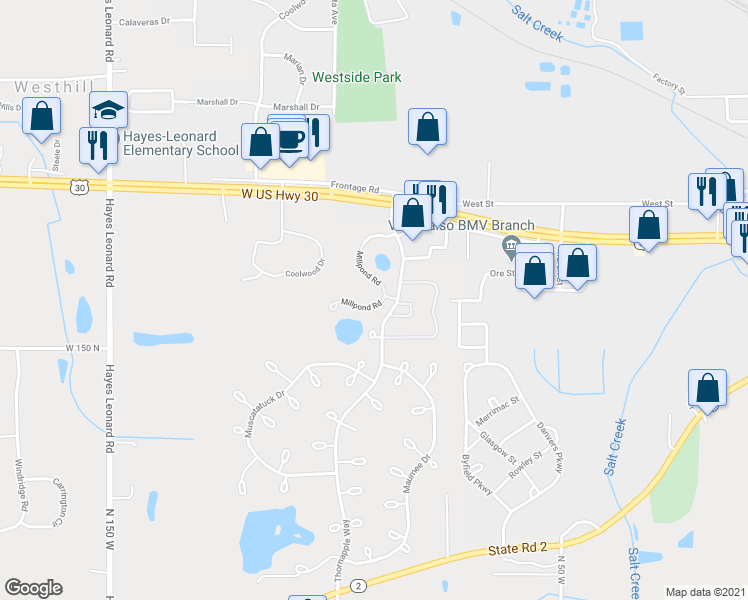 map of restaurants, bars, coffee shops, grocery stores, and more near 1179 Millpond Road North in Valparaiso