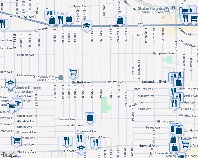 map of restaurants, bars, coffee shops, grocery stores, and more near 3734 E 149th St in Cleveland