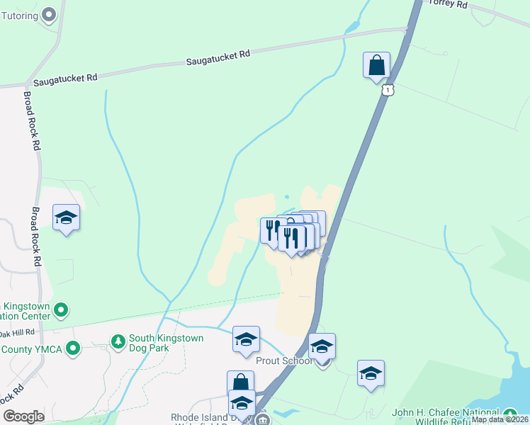 map of restaurants, bars, coffee shops, grocery stores, and more near 106 Grande Brook Circle in South Kingstown