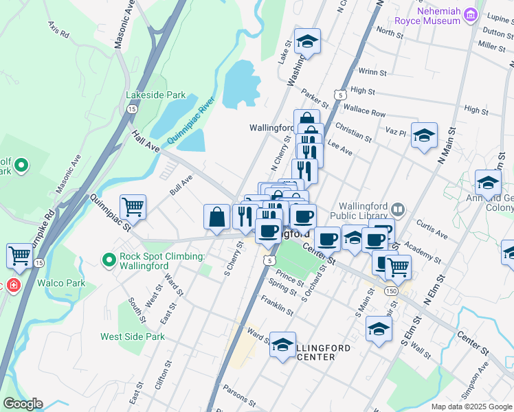 map of restaurants, bars, coffee shops, grocery stores, and more near 63 North Cherry Street in Wallingford