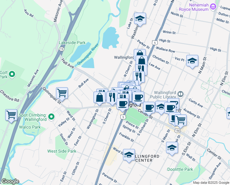 map of restaurants, bars, coffee shops, grocery stores, and more near 46 North Cherry Street in Wallingford
