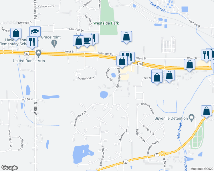 map of restaurants, bars, coffee shops, grocery stores, and more near 1179 Millpond Road North in Valparaiso