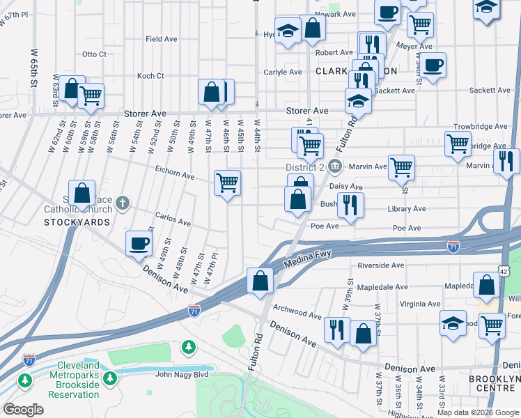 map of restaurants, bars, coffee shops, grocery stores, and more near 4230 Bush Avenue in Cleveland