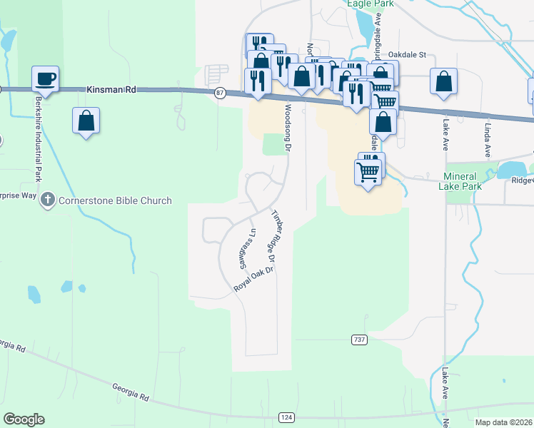 map of restaurants, bars, coffee shops, grocery stores, and more near 15068 Woodsong Drive in Middlefield