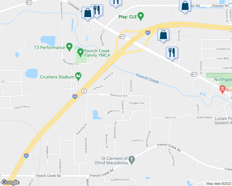 map of restaurants, bars, coffee shops, grocery stores, and more near 2364 Country Club Drive in Avon