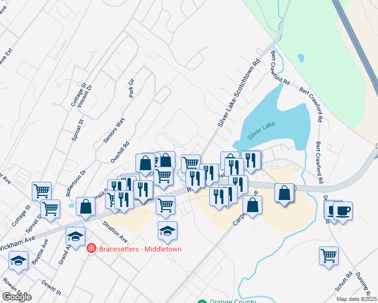 map of restaurants, bars, coffee shops, grocery stores, and more near 35 Silver Lake-Scotchtown Road in Middletown