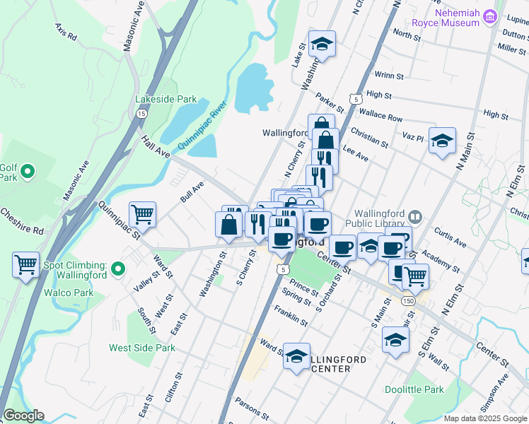 map of restaurants, bars, coffee shops, grocery stores, and more near 169 Washington Street in Wallingford