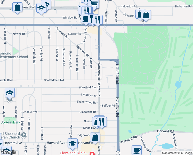 map of restaurants, bars, coffee shops, grocery stores, and more near 3715 Lytle Road in Shaker Heights