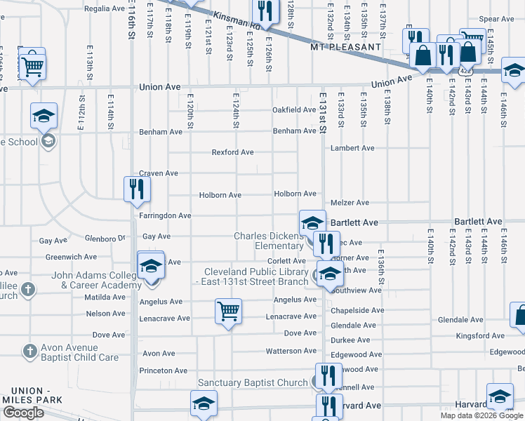 map of restaurants, bars, coffee shops, grocery stores, and more near 12504 Holborn Avenue in Cleveland