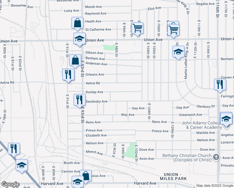 map of restaurants, bars, coffee shops, grocery stores, and more near 9809 Dunlap Avenue in Cleveland