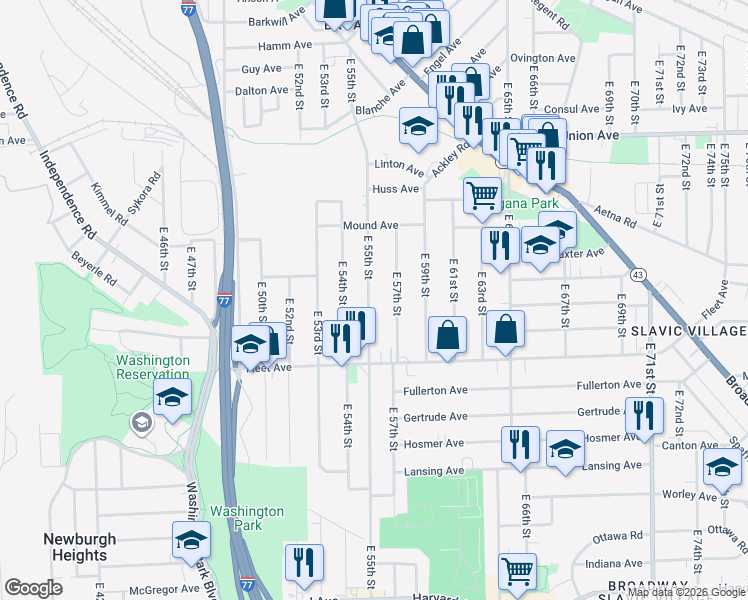 map of restaurants, bars, coffee shops, grocery stores, and more near 3659 East 55th Street in Cleveland