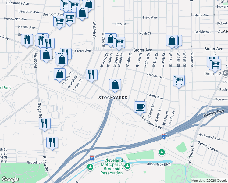 map of restaurants, bars, coffee shops, grocery stores, and more near 3522 West 58th Street in Cleveland