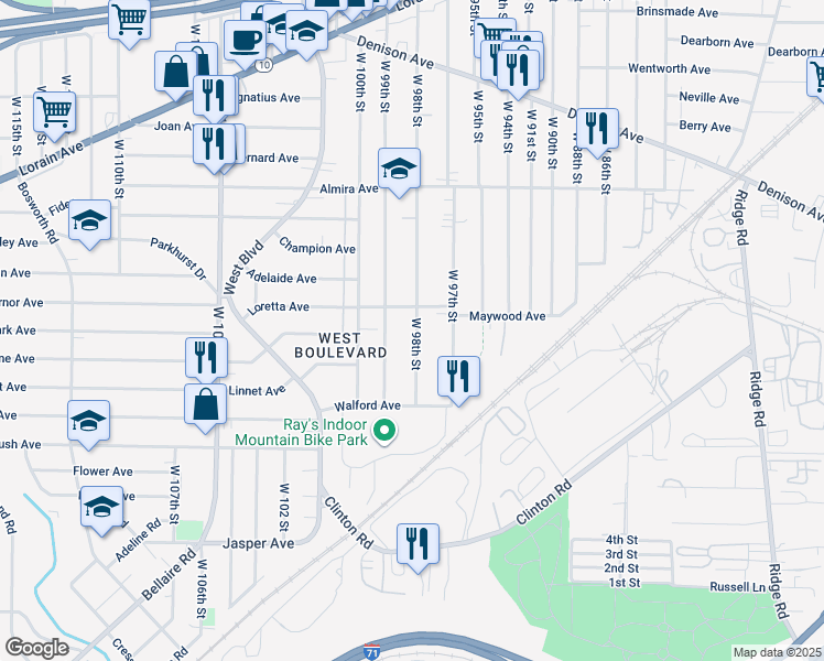 map of restaurants, bars, coffee shops, grocery stores, and more near 3496 West 98th Street in Cleveland