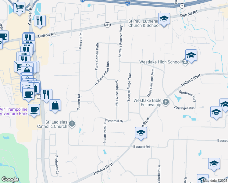 map of restaurants, bars, coffee shops, grocery stores, and more near 1876 Reeds Court Trail in Westlake