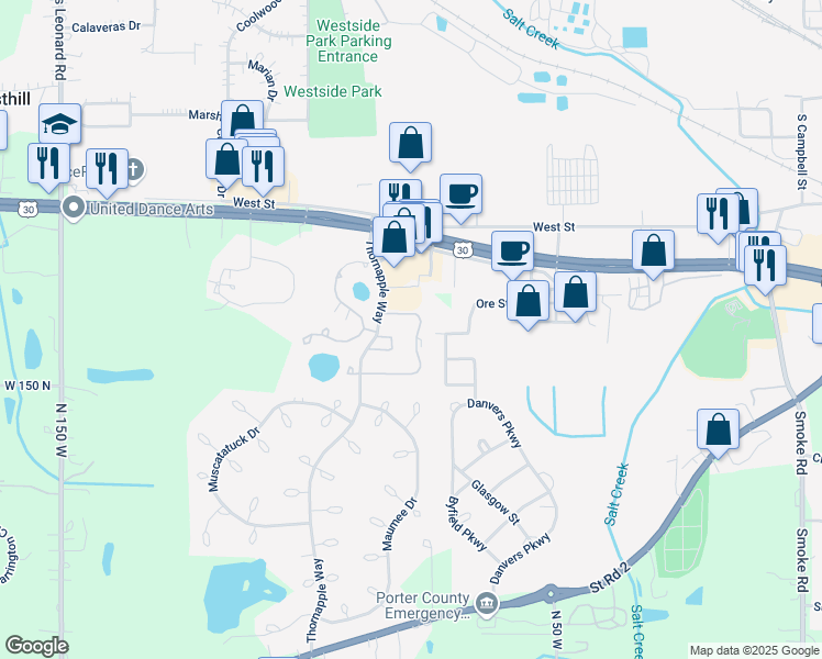 map of restaurants, bars, coffee shops, grocery stores, and more near 1001-1099 Vanderburgh Dr in Valparaiso