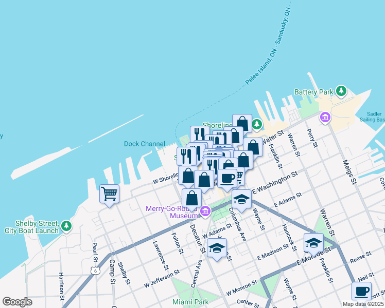 map of restaurants, bars, coffee shops, grocery stores, and more near 233 West Shoreline Drive in Sandusky