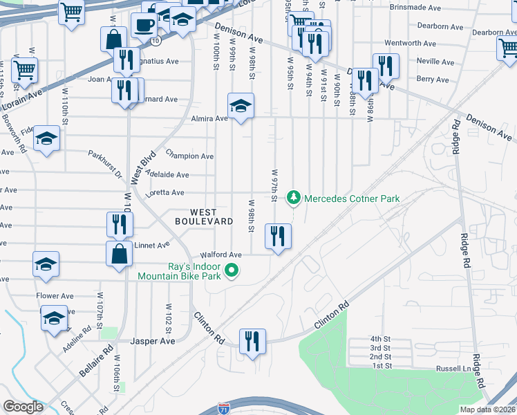 map of restaurants, bars, coffee shops, grocery stores, and more near 9705 Loretta Avenue in Cleveland