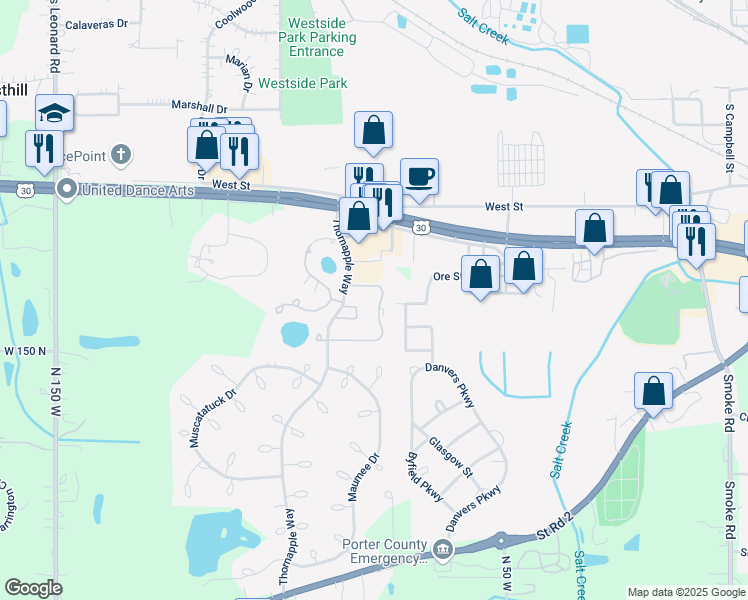 map of restaurants, bars, coffee shops, grocery stores, and more near 1001-1099 Vanderburgh Dr in Valparaiso