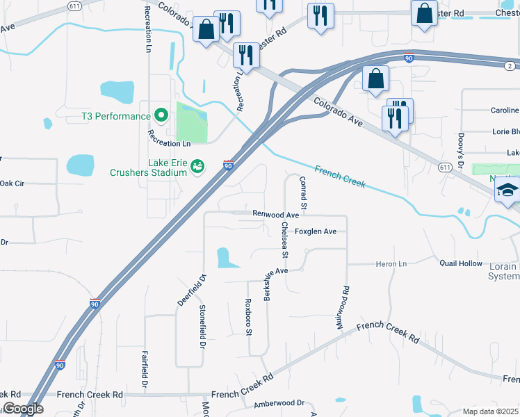 map of restaurants, bars, coffee shops, grocery stores, and more near 38750 Renwood Avenue in Avon