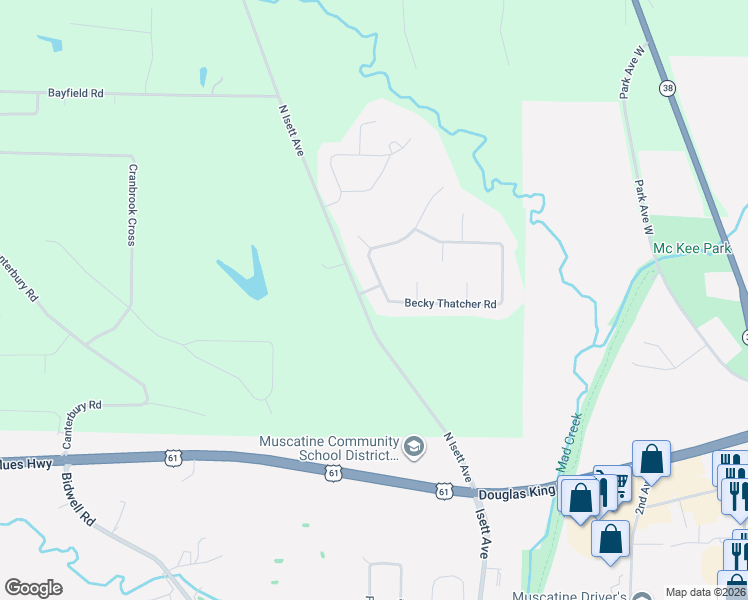 map of restaurants, bars, coffee shops, grocery stores, and more near 2661 Tom Sawyer Road in Muscatine