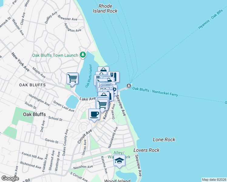 map of restaurants, bars, coffee shops, grocery stores, and more near 3 Oak Bluffs Avenue in Oak Bluffs