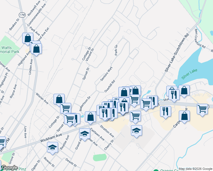 map of restaurants, bars, coffee shops, grocery stores, and more near 48 Seniors Way in Middletown